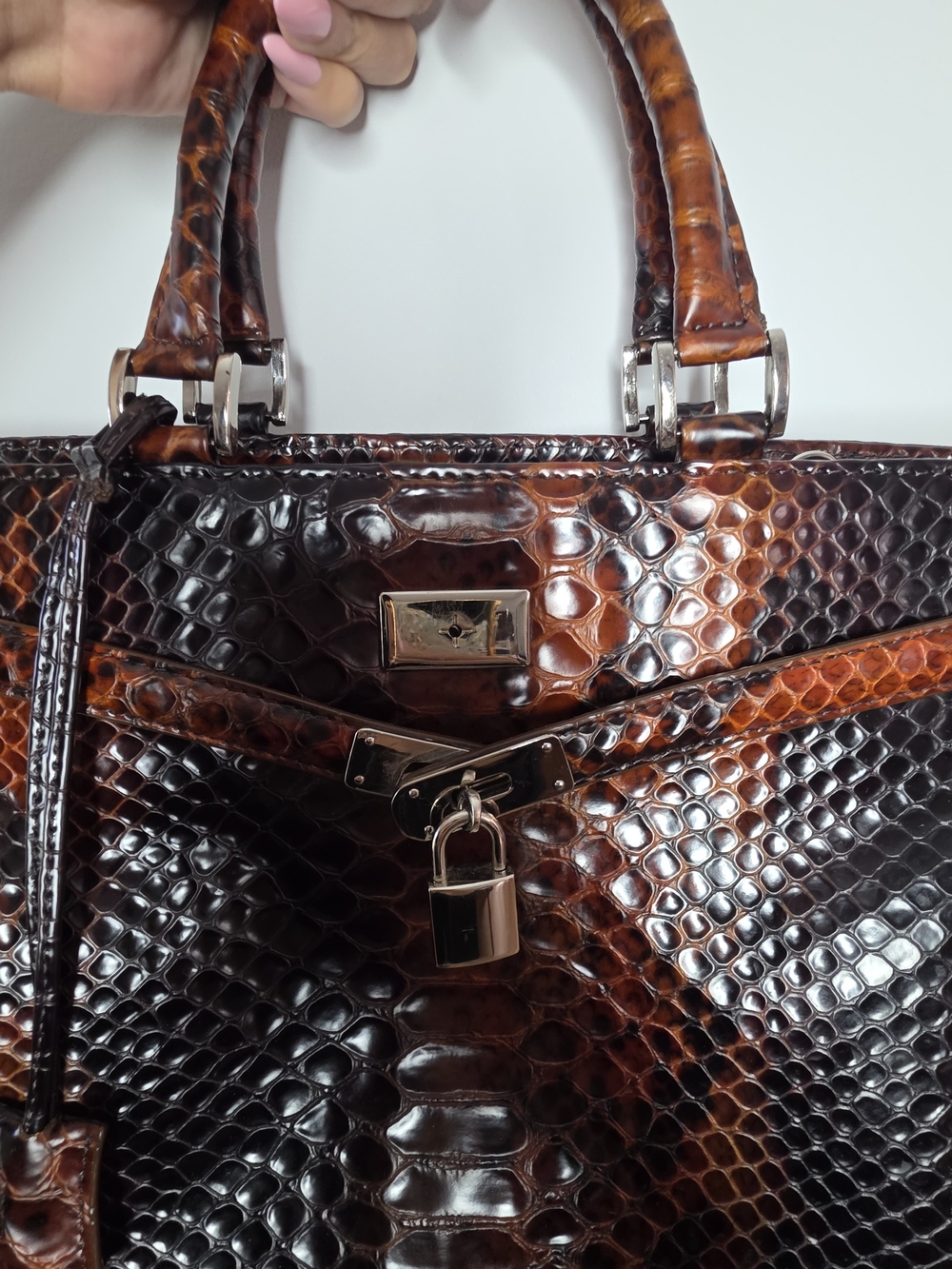 Danier Leather Brown Croc-Embossed Top Handle Bag - Picture 2 of 3